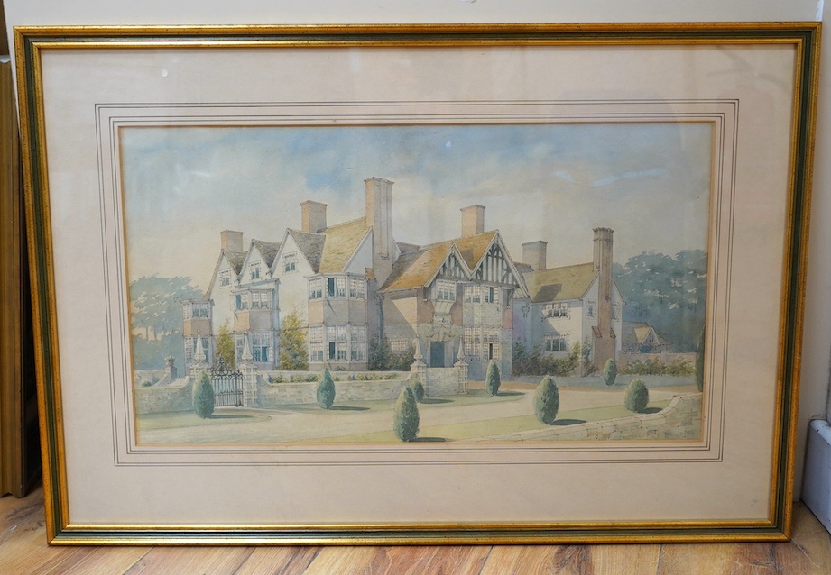 20th century English school, watercolour, Country Manor house, 31 x 56cm. Condition - fair to good